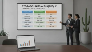 Albuquerque storage units cost and feature comparison chart on a screen.