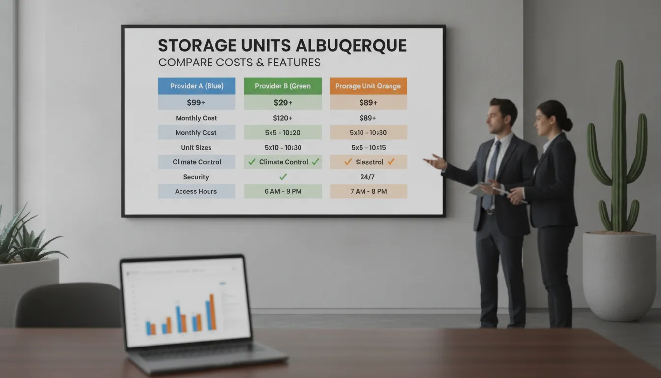 Albuquerque storage units cost and feature comparison chart on a screen.